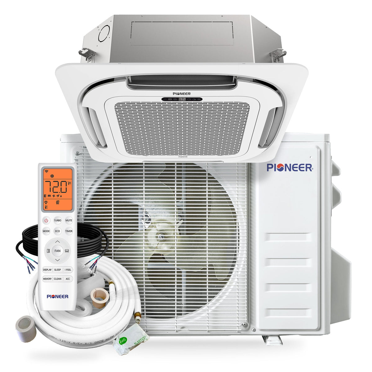 Pioneer Quantum Ultra 23,000 BTU 22.5 SEER2 230V 8-Way Ceiling Cassette Ductless Mini-Split Air Conditioner Inverter Heat Pump Full Set