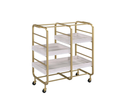 Gold & White Washed Finish Serving Cart with Removable Wooden Trays