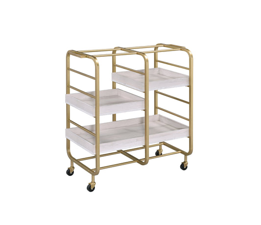 Gold & White Washed Finish Serving Cart with Removable Wooden Trays