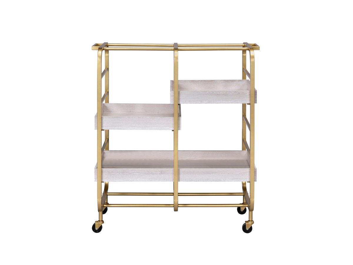 Gold & White Washed Finish Serving Cart with Removable Wooden Trays