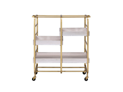 Gold & White Washed Finish Serving Cart with Removable Wooden Trays