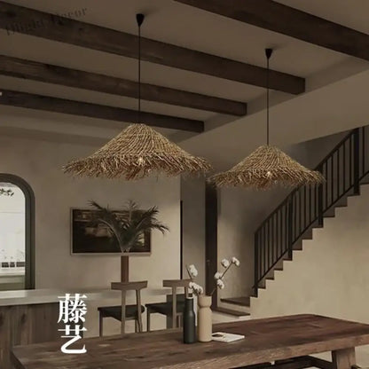 Wabi Sabi E27 LED Pendant Lights - Rattan Hanging Lamp for Dining Room Elegance