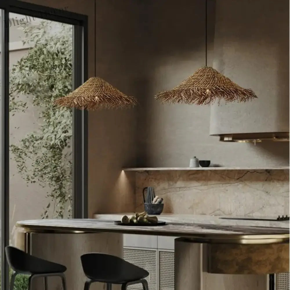 Wabi Sabi E27 LED Pendant Lights - Rattan Hanging Lamp for Dining Room Elegance