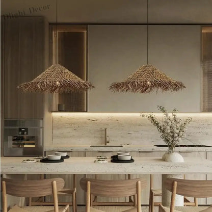 Wabi Sabi E27 LED Pendant Lights - Rattan Hanging Lamp for Dining Room Elegance