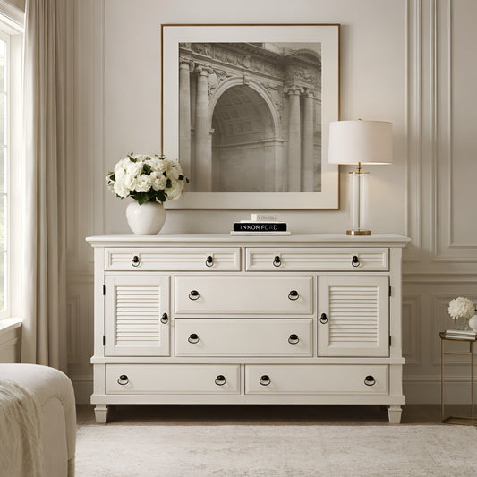 White Pine Wood Dresser with Six Drawers and Two Doors