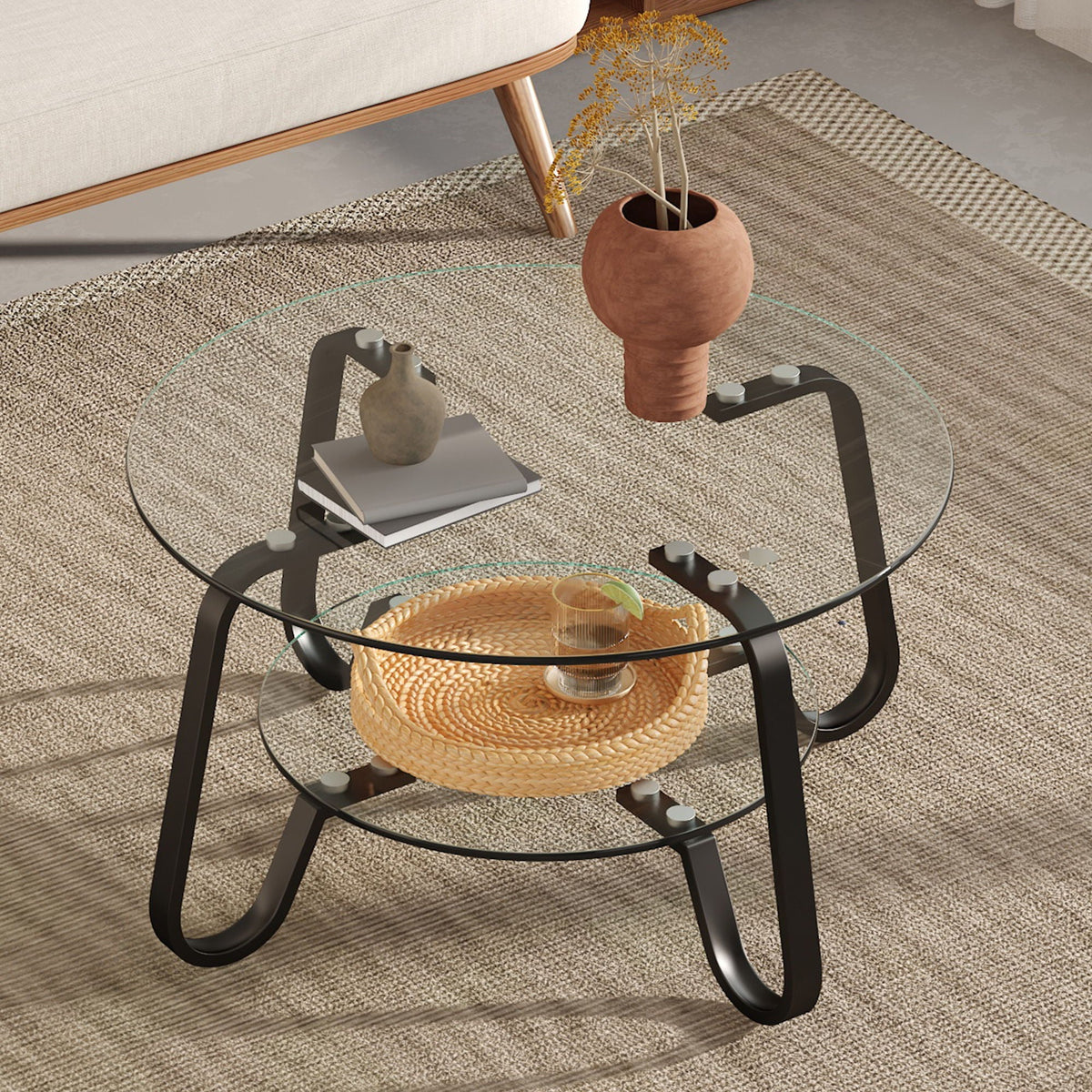 Double Layer Coffee Table with Double-Layer Glass - Pearl Silver, Gold, or Black