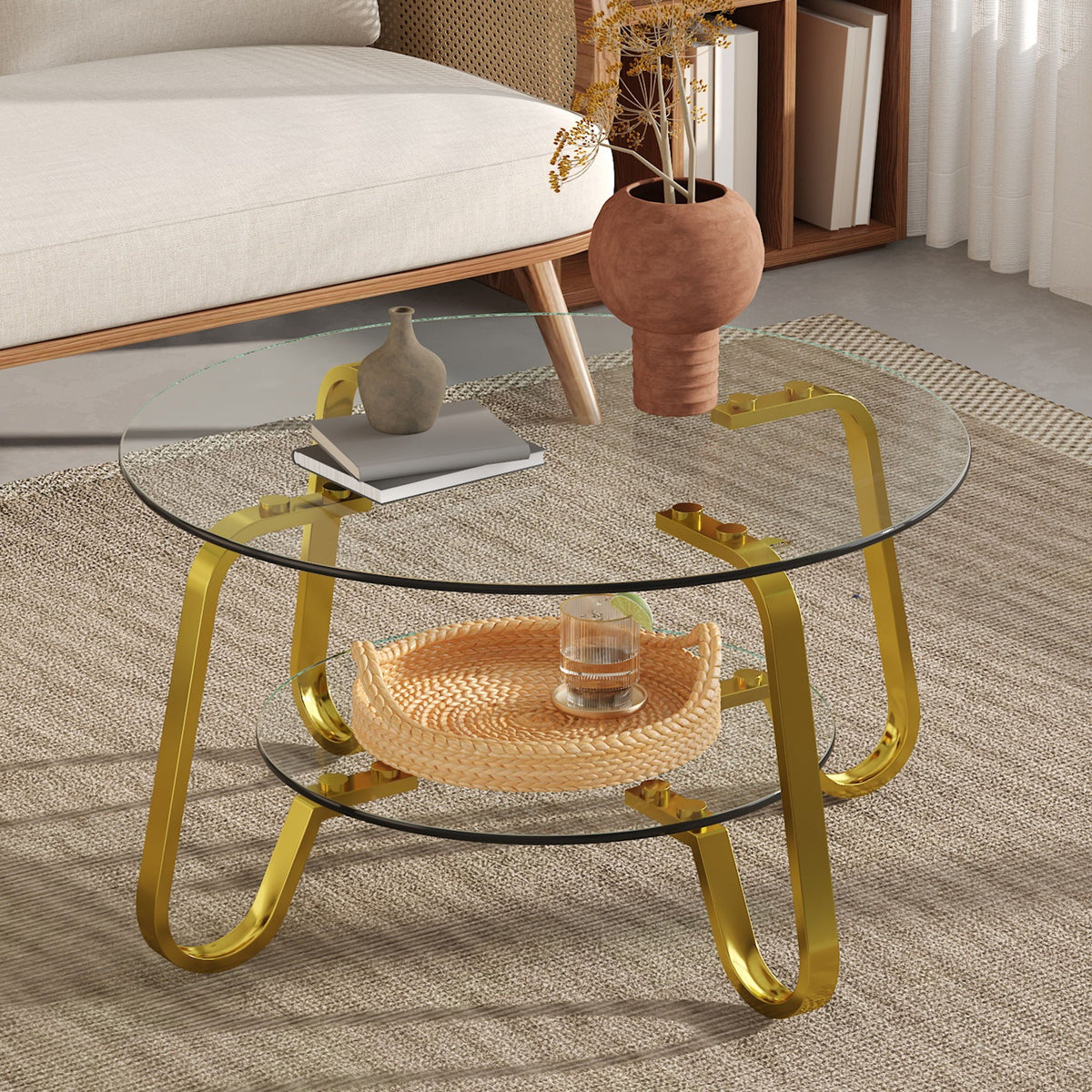 Double Layer Coffee Table with Double-Layer Glass - Pearl Silver, Gold, or Black