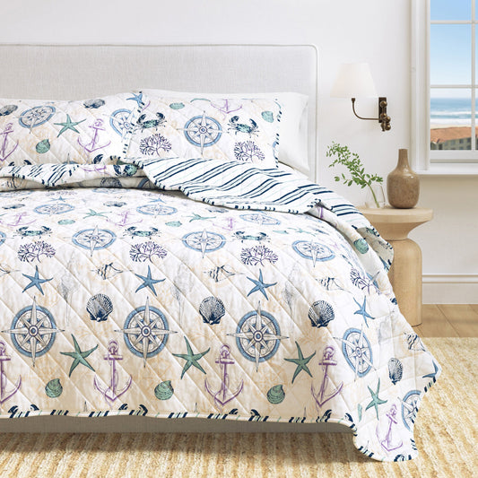 Microfiber Coastal Quilt Set with Nautical Motif