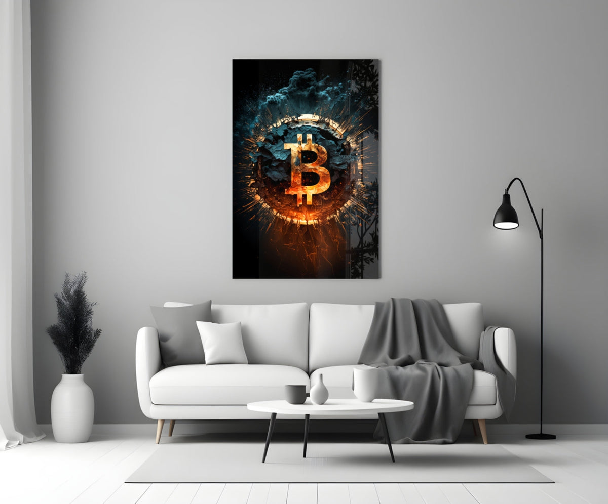 Fiery Cracked Bitcoin Blast Glass Wall Art
