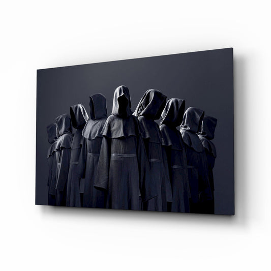 Hooded Figures in Shadow Dark Fantasy Glass Wall Art